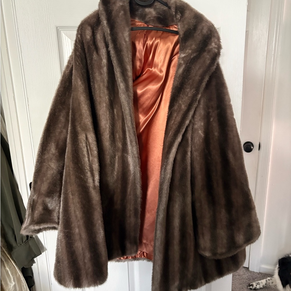 Vintage Brown Faux Fur Coat with Copper Satin Lining